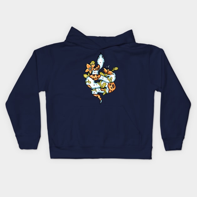 Pumpkin Pied Python Snake with Flowers Kids Hoodie by narwhalwall